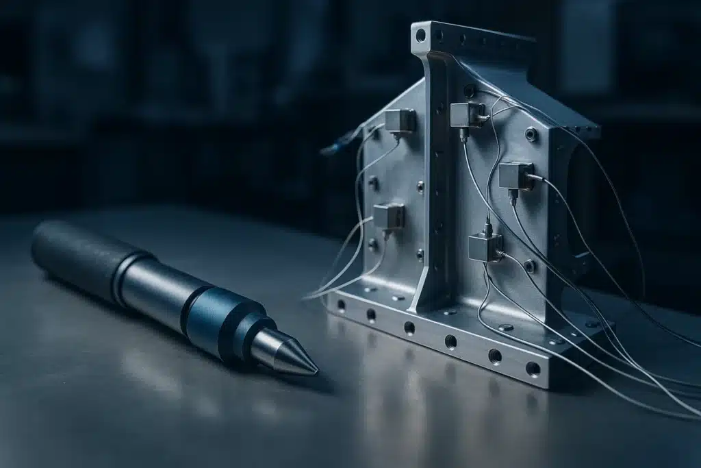 Marteau de choc instrumenté posé près d'une structure aéronautique équipée d'accéléromètres, sur un banc de laboratoire