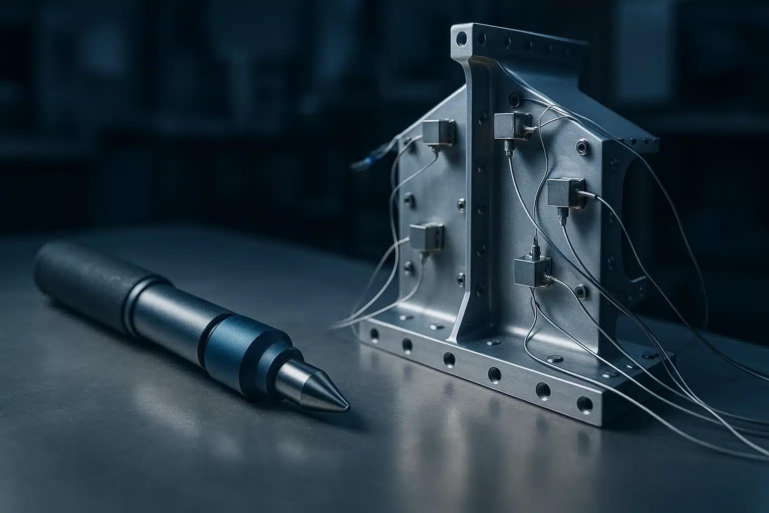 Marteau de choc instrumenté posé près d'une structure aéronautique équipée d'accéléromètres, sur un banc de laboratoire