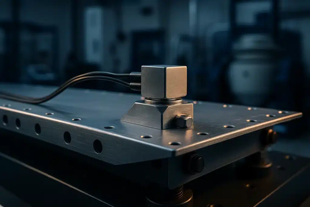 Accéléromètre triaxial collé sur un panneau structural métallique instrumenté, monté sur un montage d'essai vibratoire