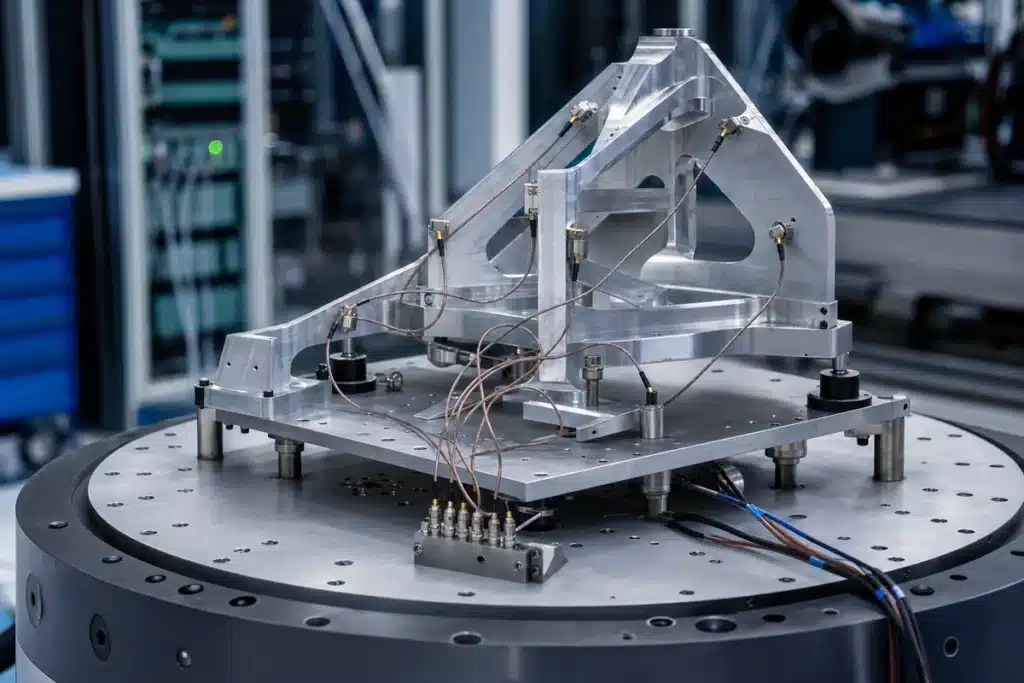 Banc d'essai mécanique instrumenté en laboratoire : structure aéronautique équipée de capteurs et de câblage de mesure