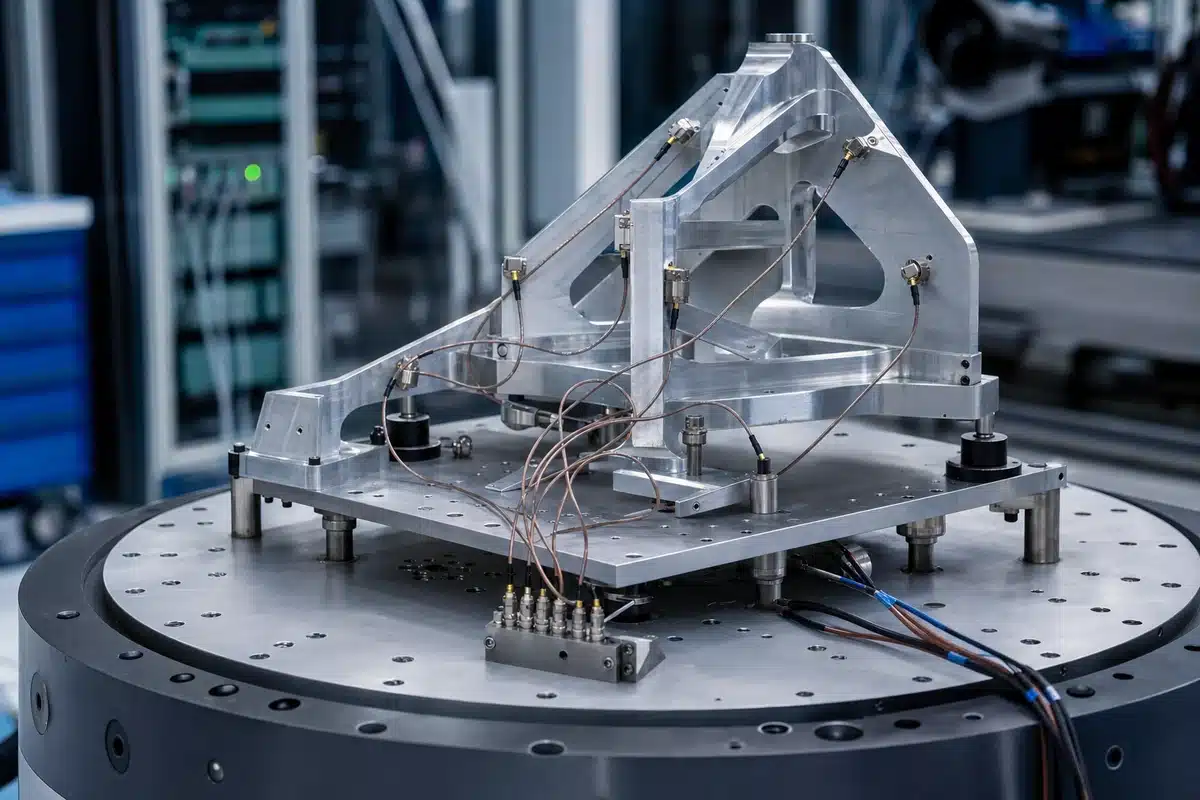 Banc d'essai mécanique instrumenté en laboratoire : structure aéronautique équipée de capteurs et de câblage de mesure