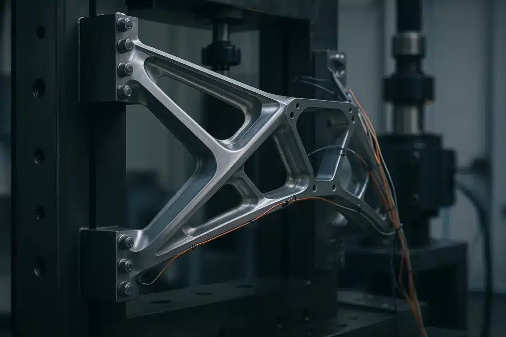 Sous-ensemble structural aéronautique métallique monté dans un bâti d'essai avec vérin hydraulique en arrière-plan flou