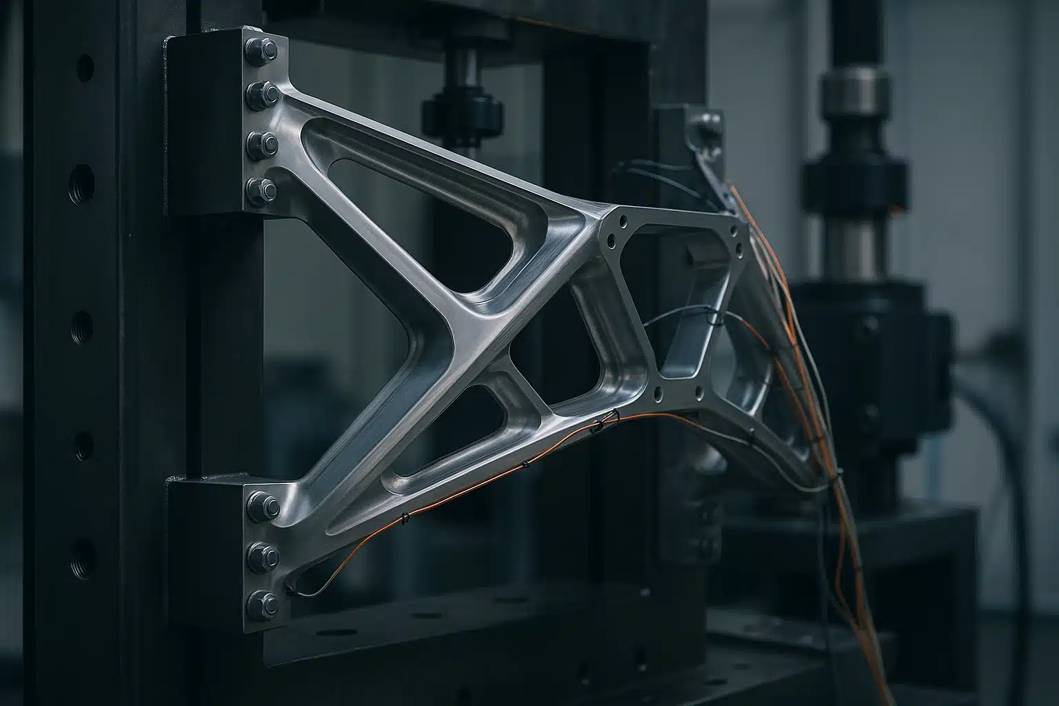 Sous-ensemble structural aéronautique métallique monté dans un bâti d'essai avec vérin hydraulique en arrière-plan flou