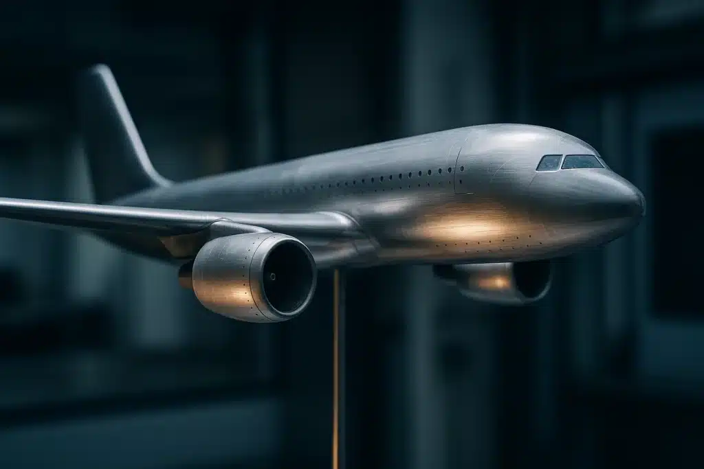 Maquette d'aile et de nacelle d'avion instrumentée montée sur dard dans la veine d'une soufflerie