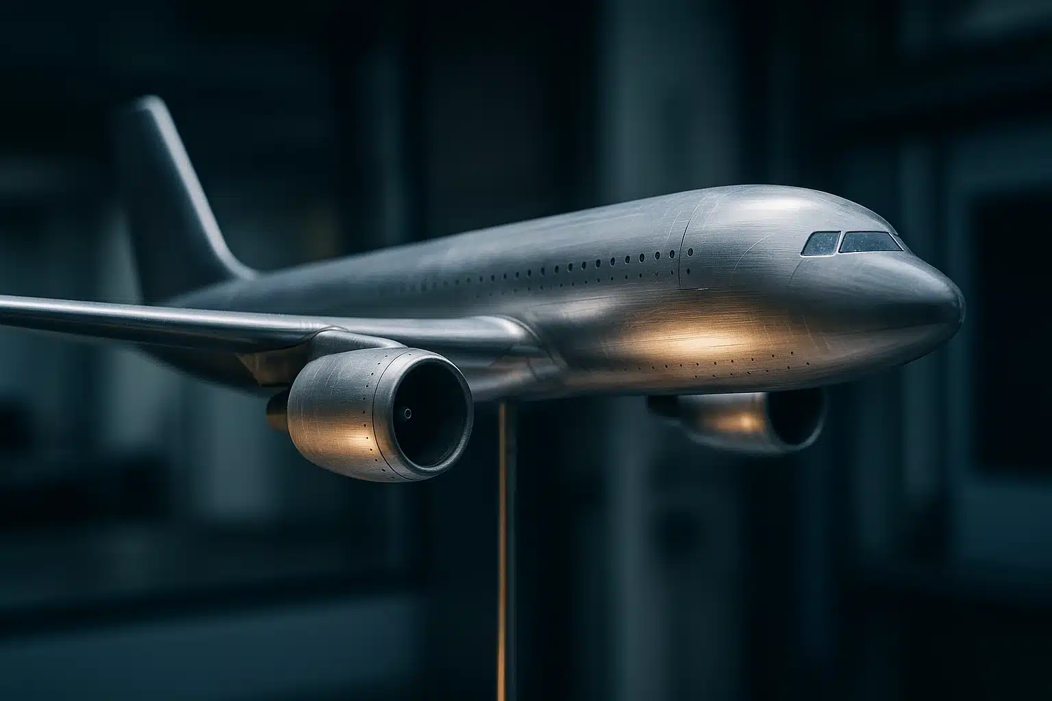 Maquette d'aile et de nacelle d'avion instrumentée montée sur dard dans la veine d'une soufflerie