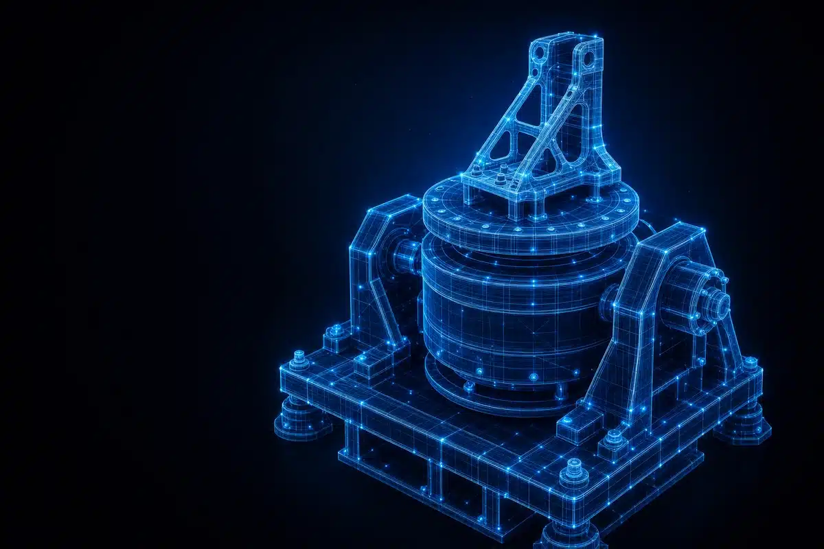 Illustration filaire lumineuse (wireframe cyan) d'un excitateur électrodynamique surmonté d'une éprouvette instrumentée, style blueprint sur fond sombre