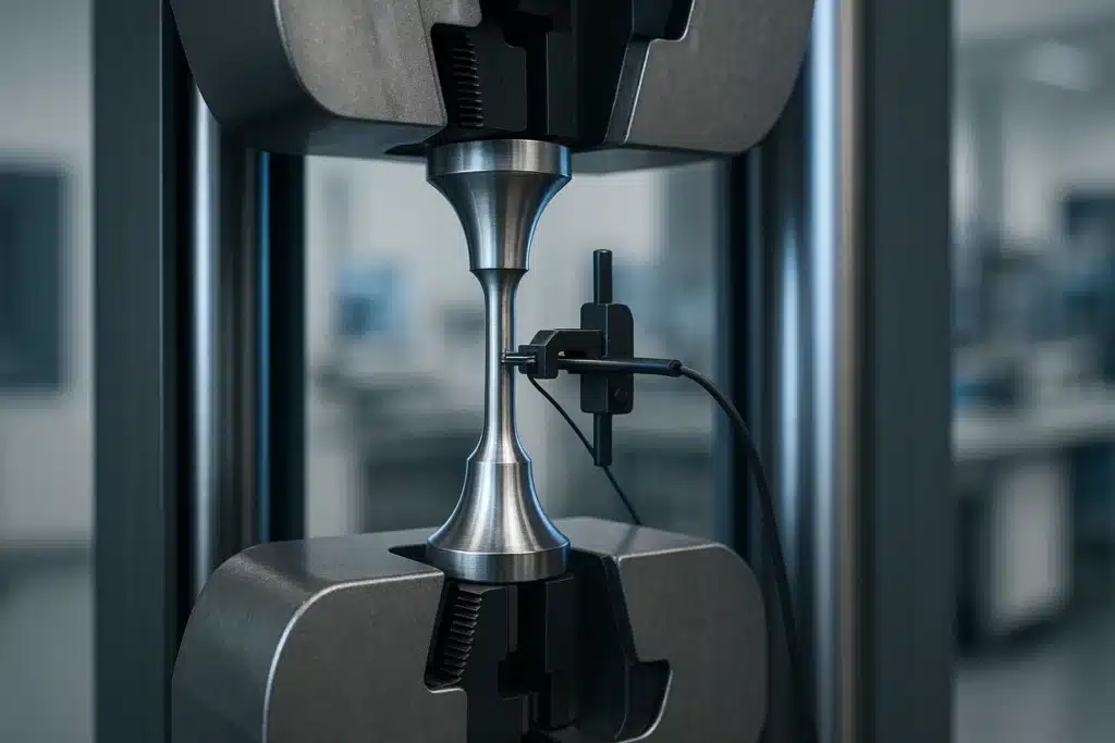 Éprouvette métallique en traction dans les mors d'une machine d'essai mécanique de laboratoire aéronautique