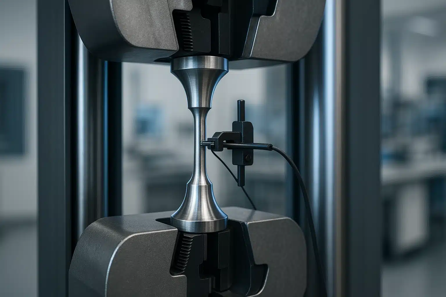Éprouvette métallique en traction dans les mors d'une machine d'essai mécanique de laboratoire aéronautique