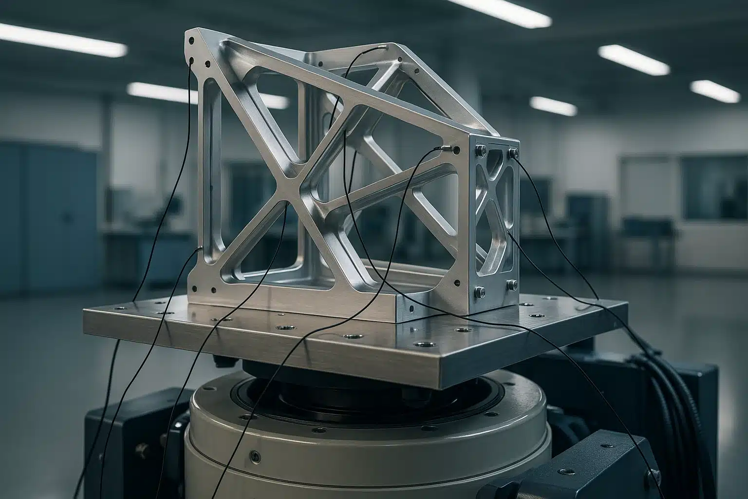 Structure aéronautique instrumentée montée sur un pot vibrant électrodynamique dans un laboratoire d'essais vibratoires