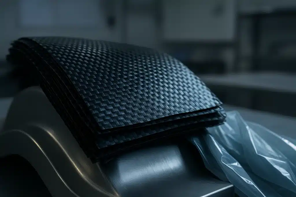 Plis de préimprégné en fibre de carbone tissée drapés sur un moule métallique courbe, film de mise sous vide replié sur le côté, dans un atelier composite