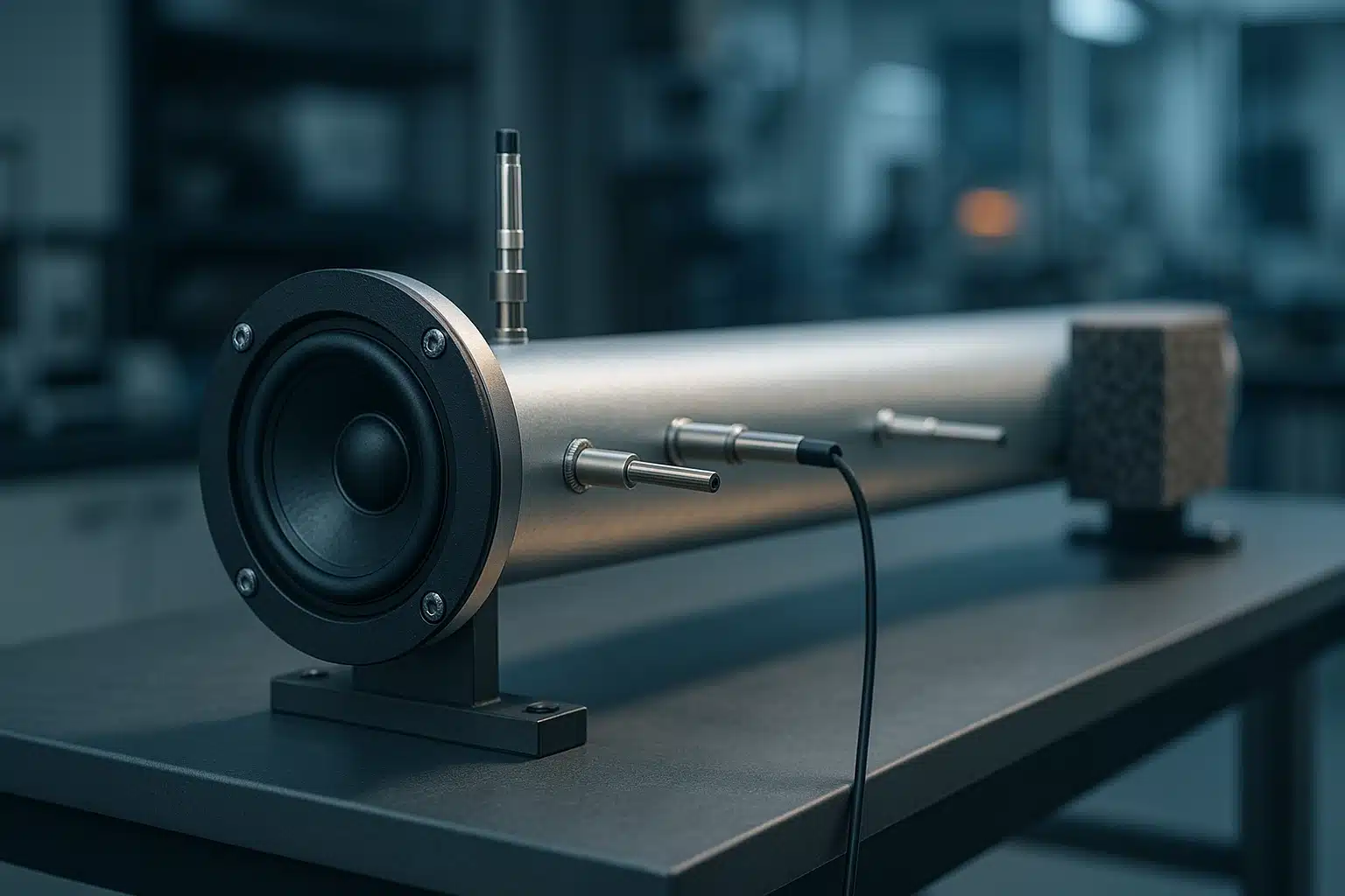 Tube d'impédance de Kundt avec haut-parleur, microphones de mesure et échantillon de mousse acoustique, sur un banc de laboratoire
