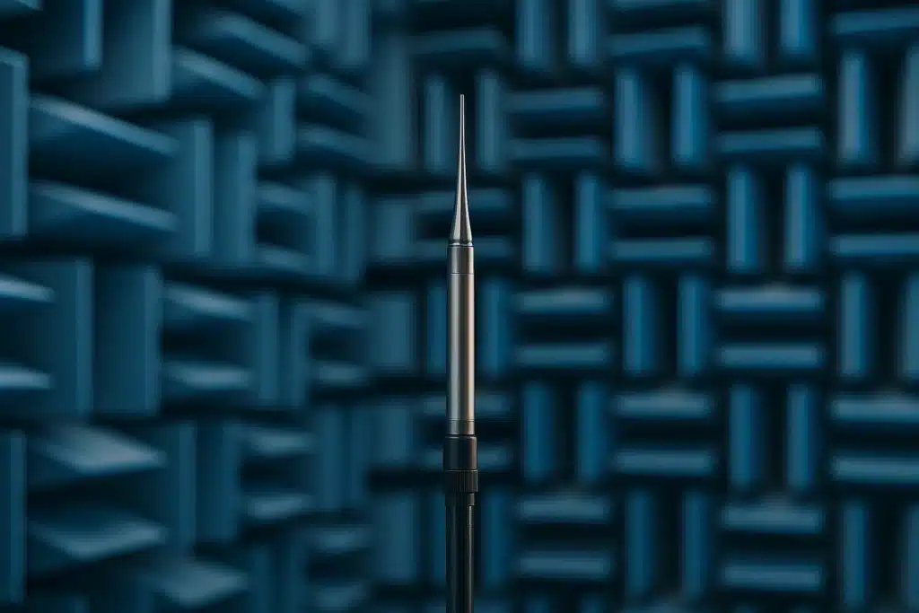 Microphone de mesure de champ libre sur pied dans une chambre anéchoïque tapissée de dièdres d'absorption