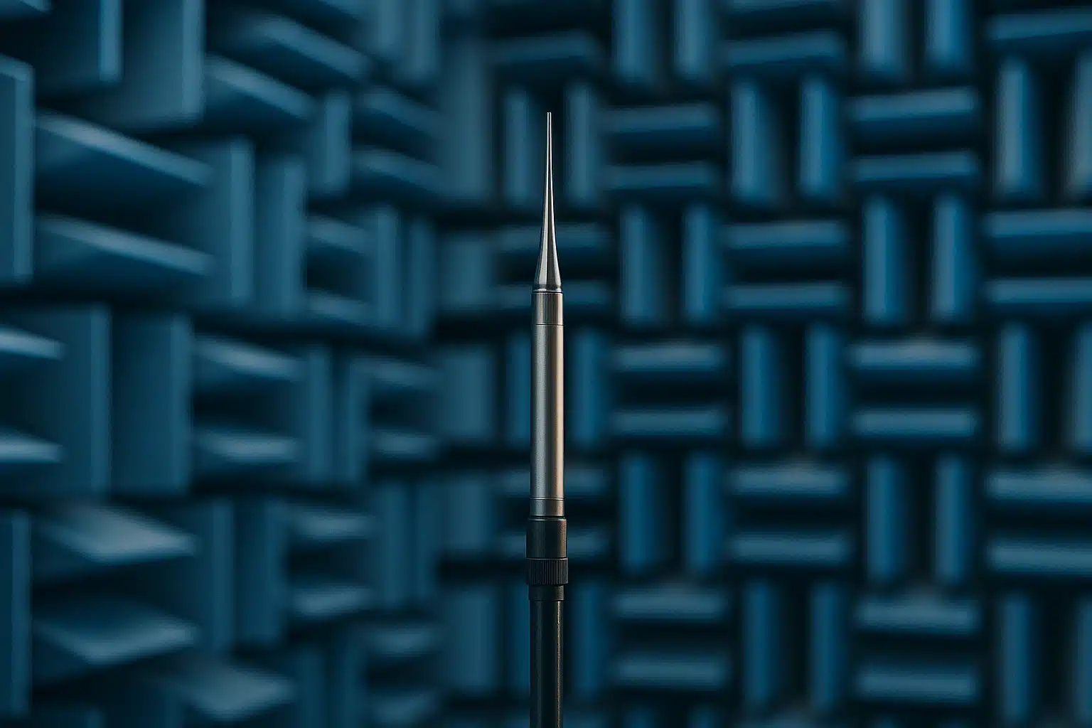 Microphone de mesure de champ libre sur pied dans une chambre anéchoïque tapissée de dièdres d'absorption