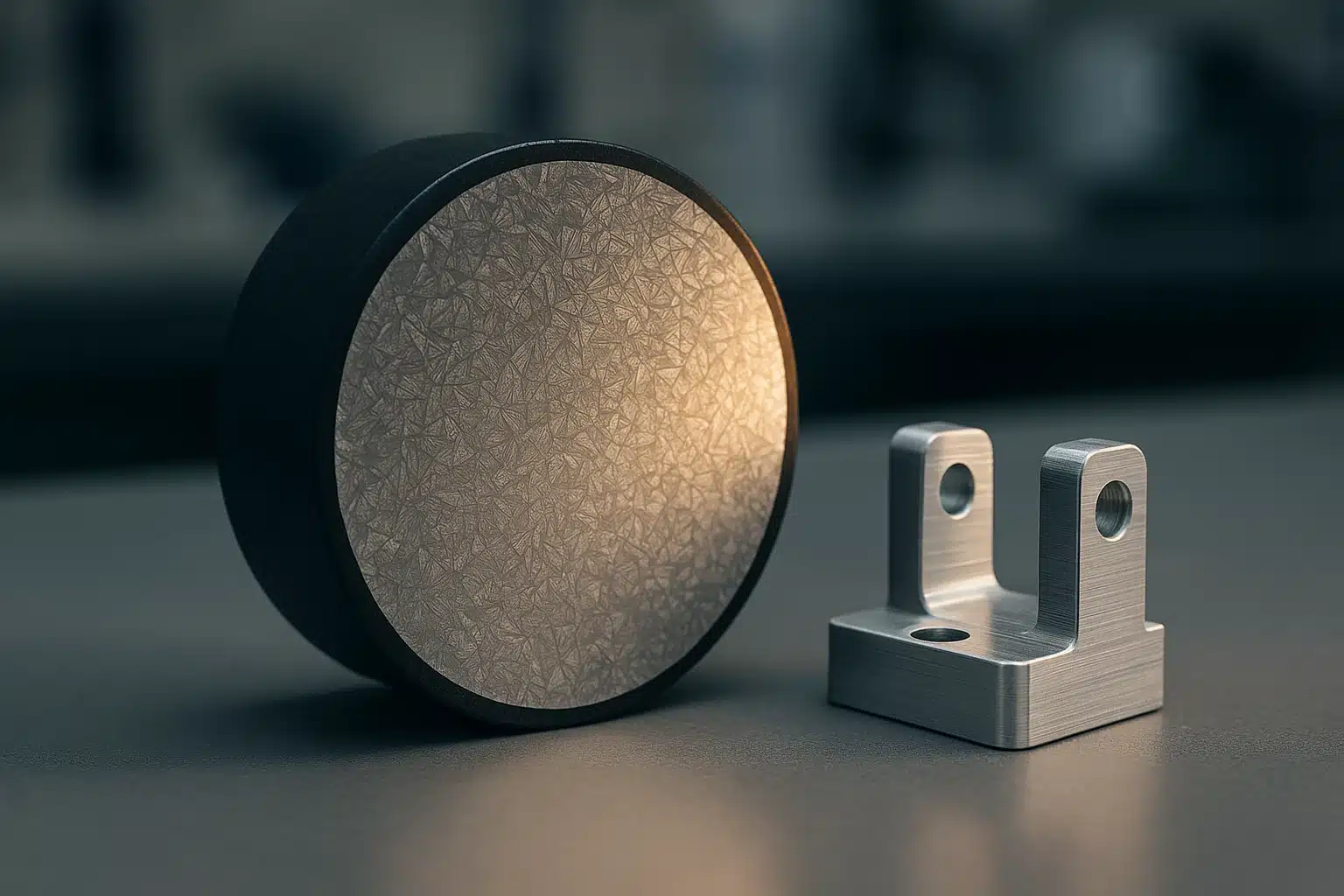 Coupe métallographique polie d'un alliage de titane révélant sa microstructure, posée près d'un support usiné en aluminium sur une paillasse de laboratoire de métallurgie