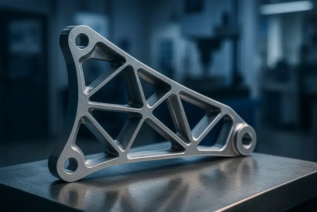 Support structural aéronautique en aluminium à géométrie triangulée en treillis, posé sur un plan de travail d'atelier d'ingénierie