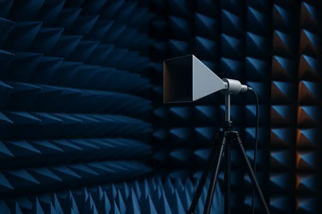 Intérieur d'une chambre anéchoïque tapissée de cônes absorbants pyramidaux avec une antenne cornet de mesure au premier plan