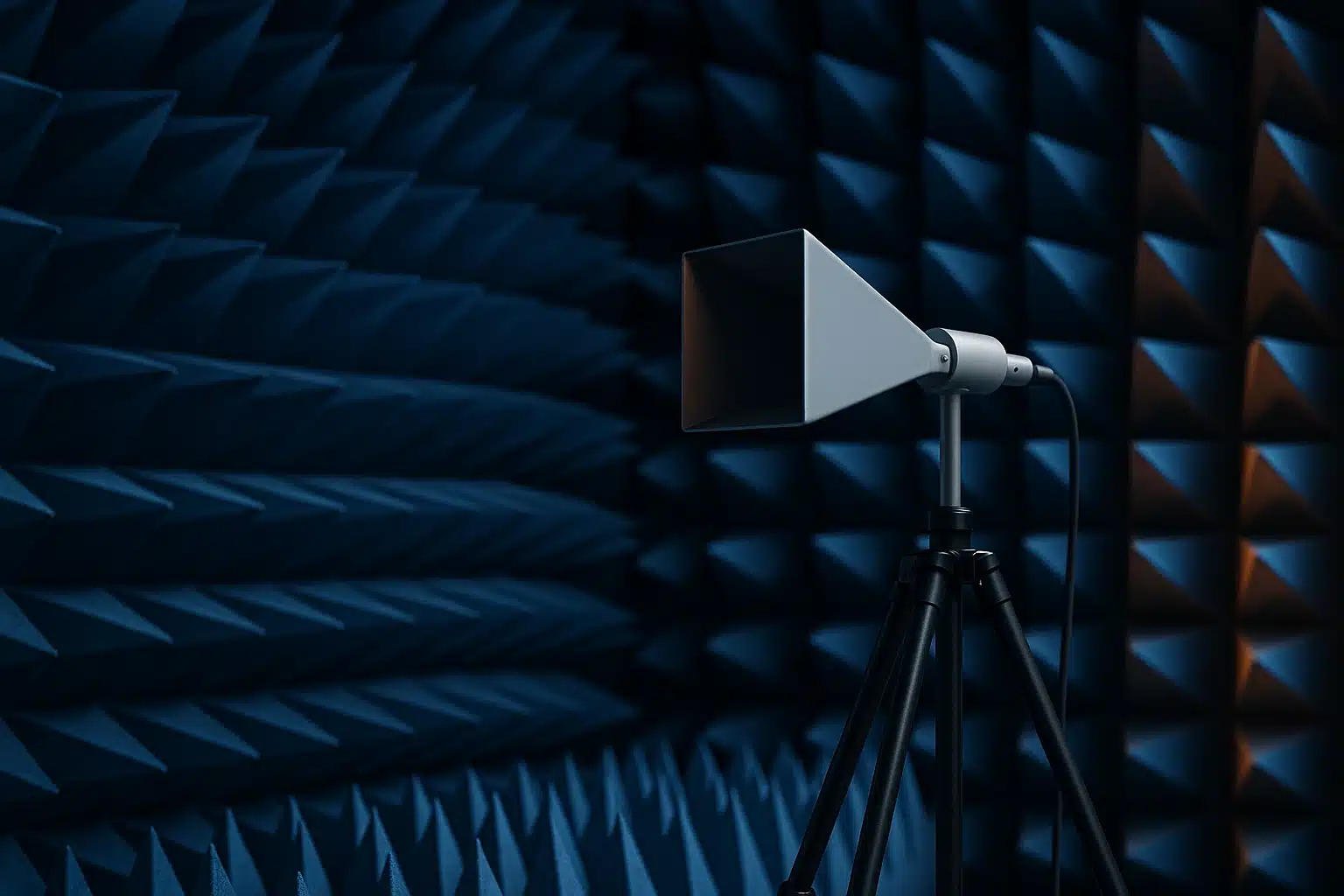 Intérieur d'une chambre anéchoïque tapissée de cônes absorbants pyramidaux avec une antenne cornet de mesure au premier plan