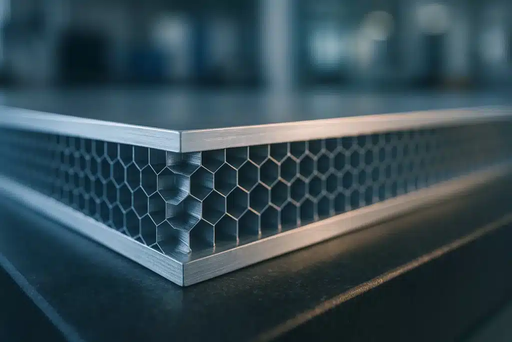 Tranche usinée d'un panneau sandwich aéronautique laissant voir les alvéoles hexagonales du nid d'abeilles entre les deux peaux