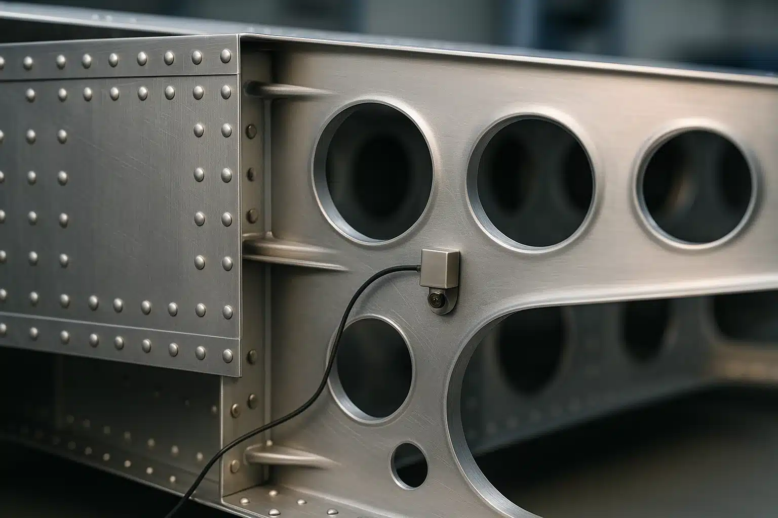 Caisson de torsion de voilure en alliage d'aluminium équipé d'un accéléromètre collé sur le longeron, en atelier d'assemblage