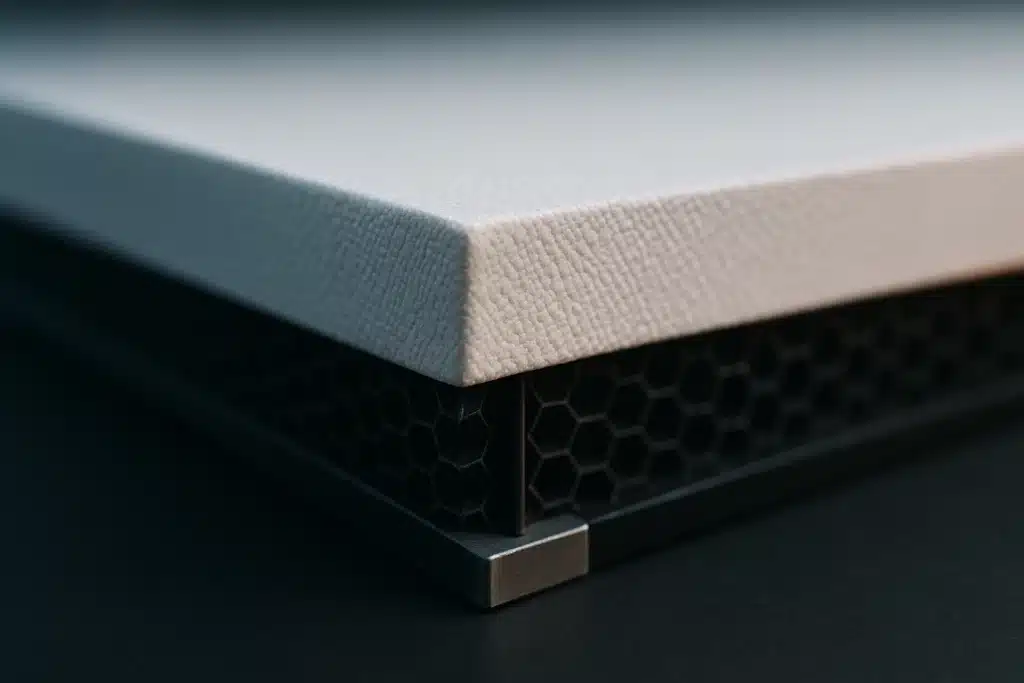 Tranche d'une tuile de protection thermique en composite à matrice céramique collée sur un panneau sandwich en nid d'abeille carbone