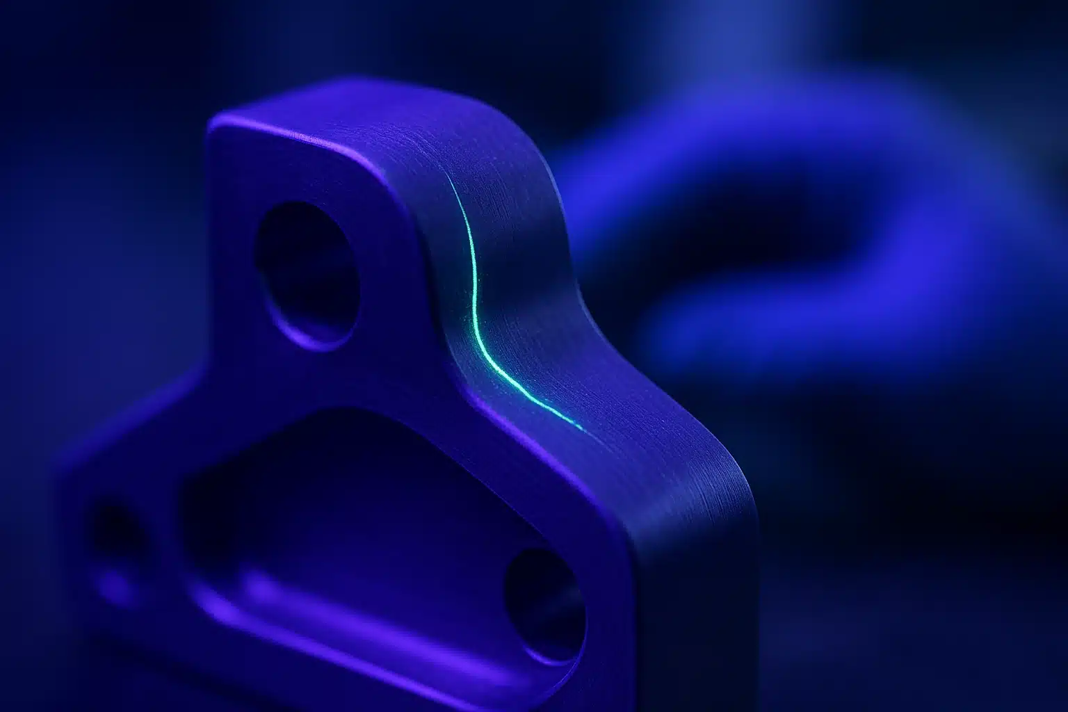 Ferrure structurale aéronautique en cours de contrôle par ressuage fluorescent sous lumière ultraviolette, une indication verte marquant une fissure fine