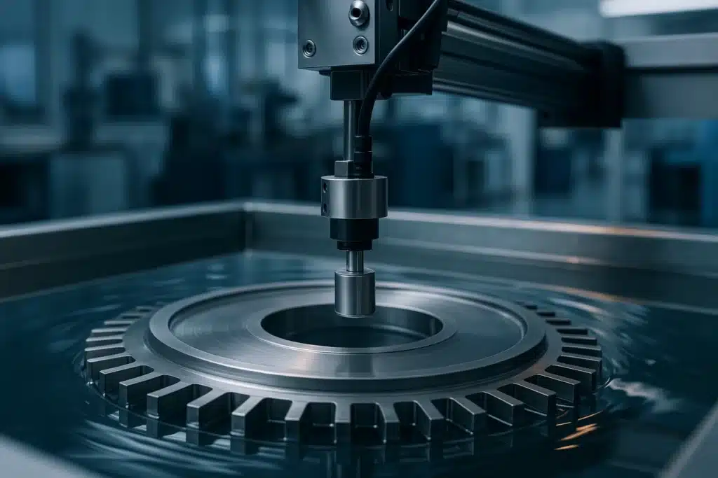 Traducteur ultrasonore monté sur portique motorisé au-dessus d'un disque de turbine aéronautique immergé dans une cuve de contrôle par immersion