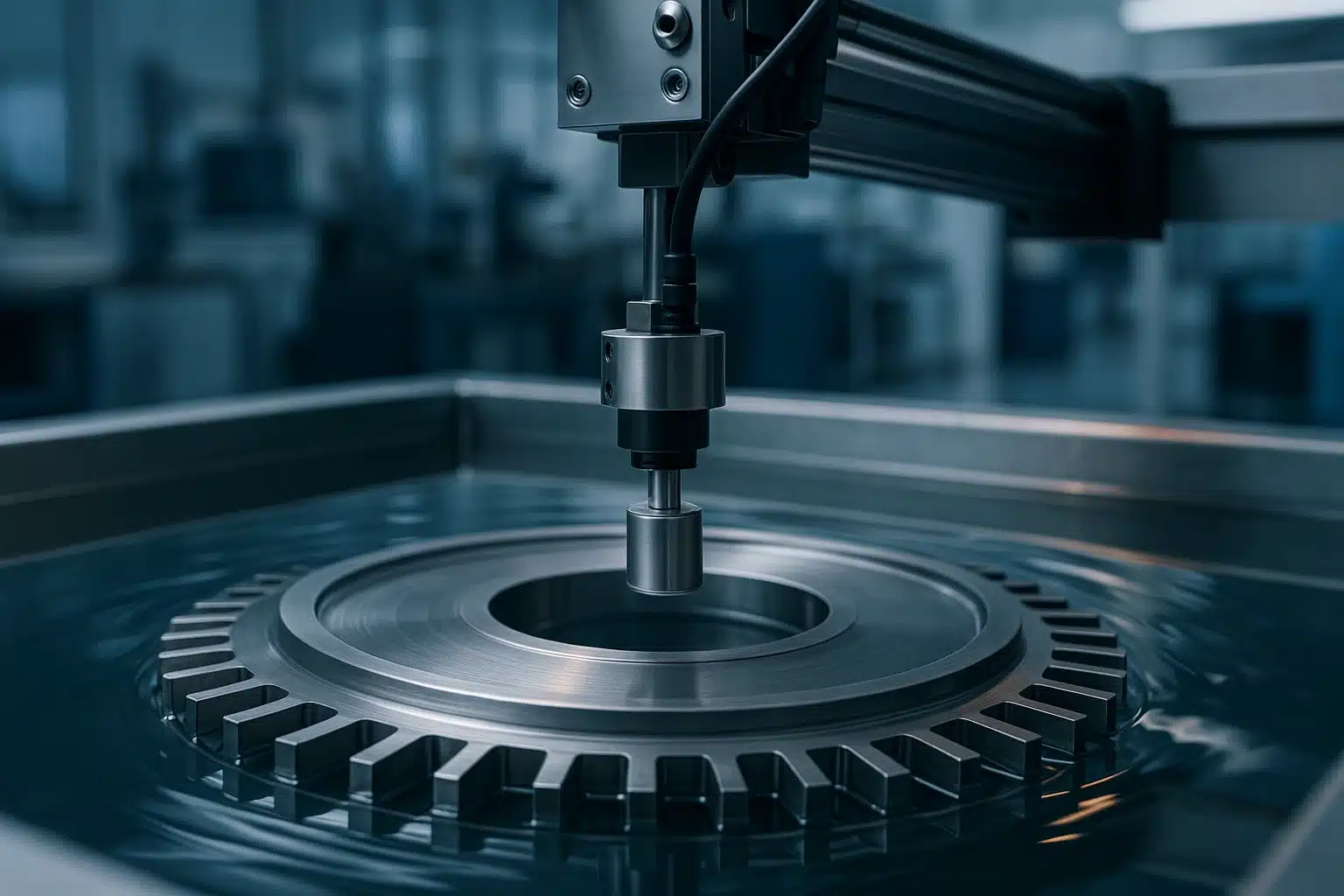 Traducteur ultrasonore monté sur portique motorisé au-dessus d'un disque de turbine aéronautique immergé dans une cuve de contrôle par immersion