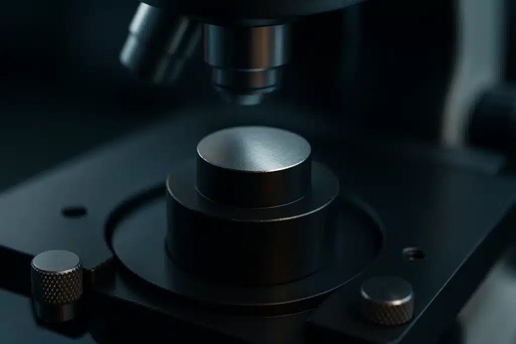 Échantillon métallographique enrobé dans une résine, poli miroir, posé sur la platine d'un microscope optique de laboratoire