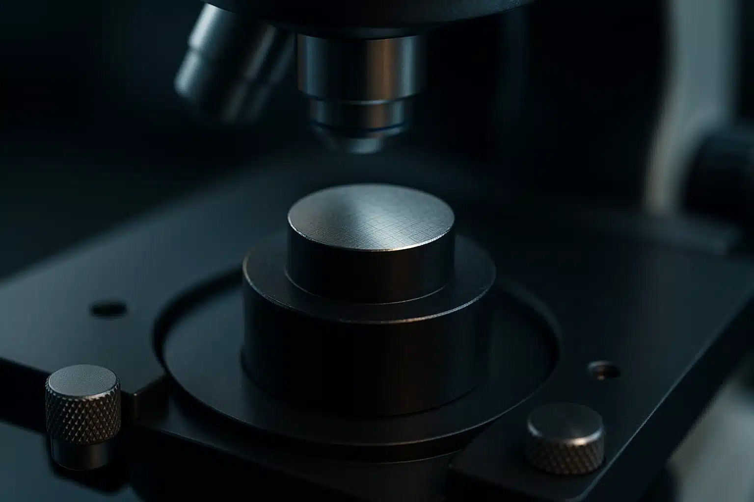 Échantillon métallographique enrobé dans une résine, poli miroir, posé sur la platine d'un microscope optique de laboratoire