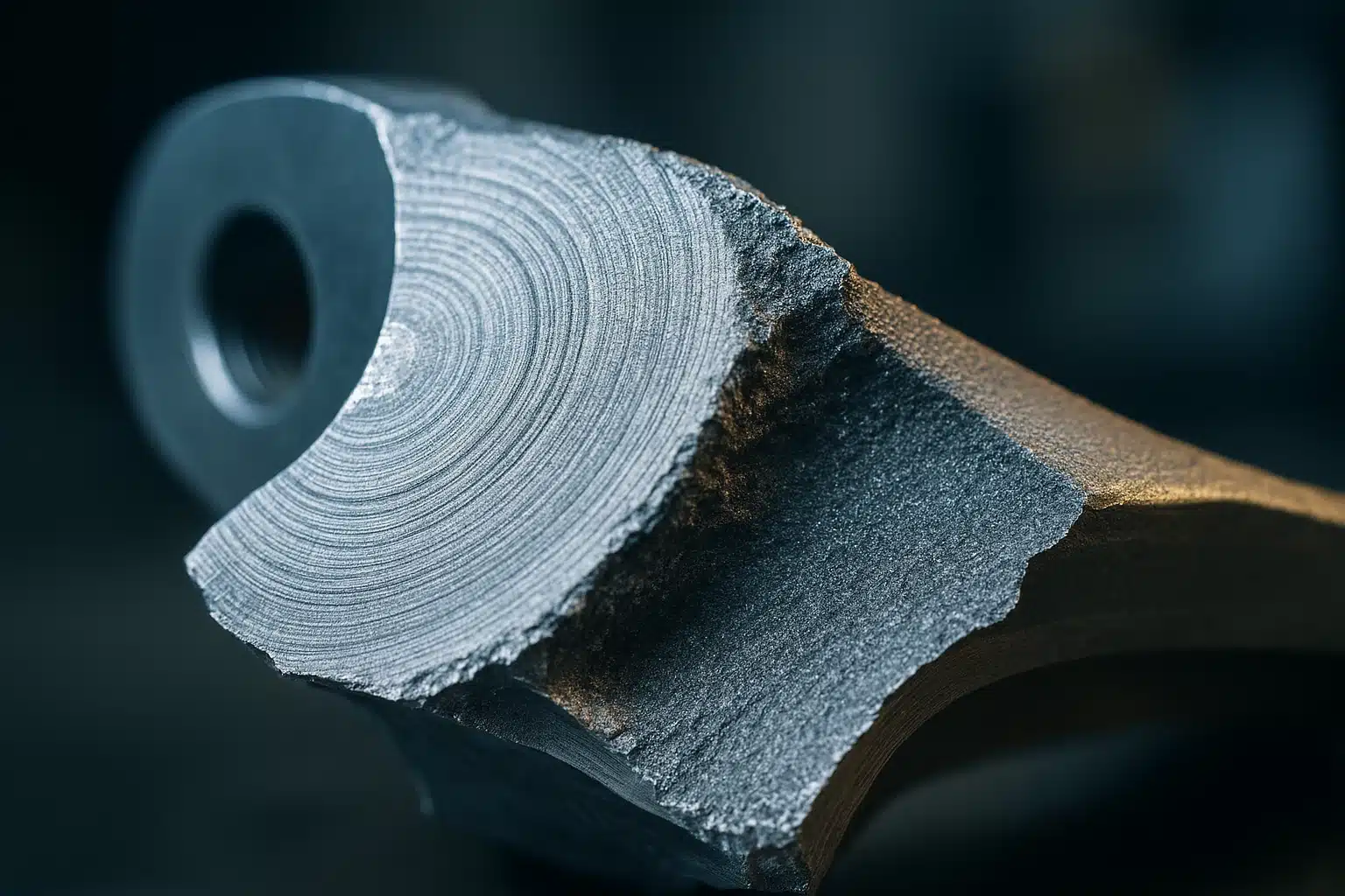 Faciès de rupture en fatigue d'une pièce en alliage d'aluminium, lignes d'arrêt concentriques rayonnant depuis le bord d'un perçage