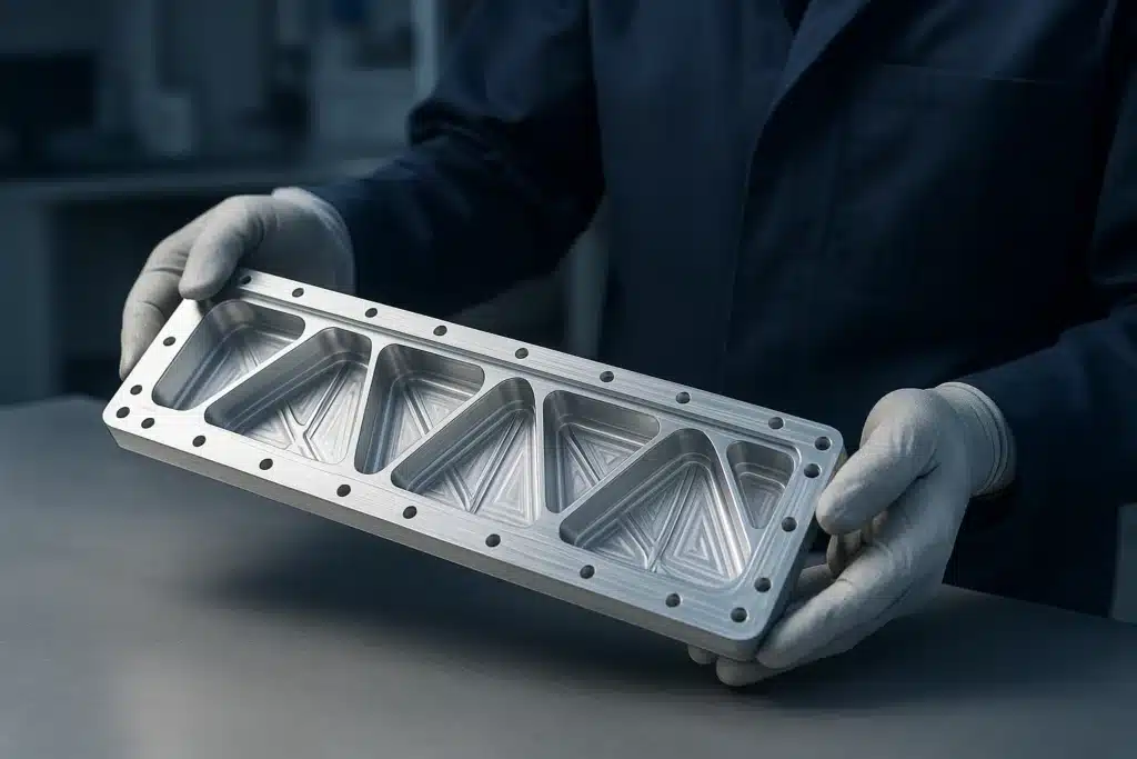 Mains gantées d'un ingénieur manipulant une nervure structurale aéronautique en aluminium usiné dans un atelier d'ingénierie