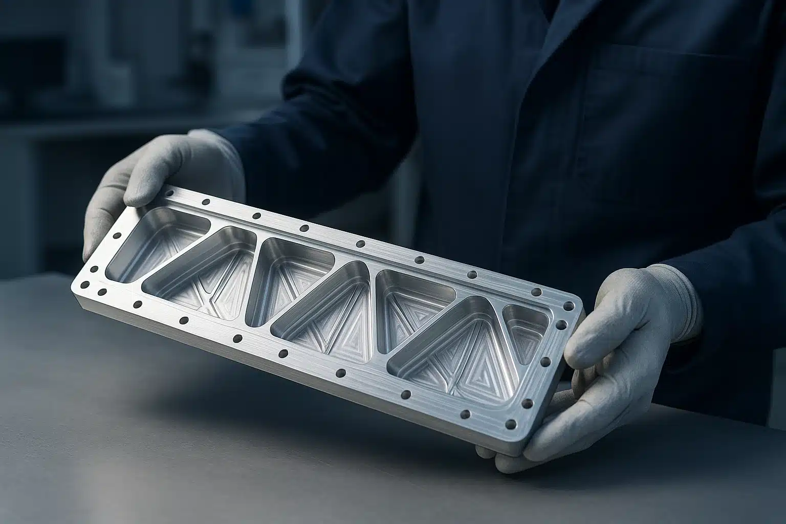 Mains gantées d'un ingénieur manipulant une nervure structurale aéronautique en aluminium usiné dans un atelier d'ingénierie