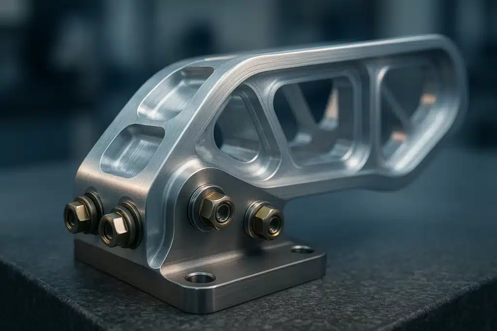 Nervure d'aile en aluminium usiné assemblée par boulonnage à une ferrure en titane, posée sur un marbre de métrologie