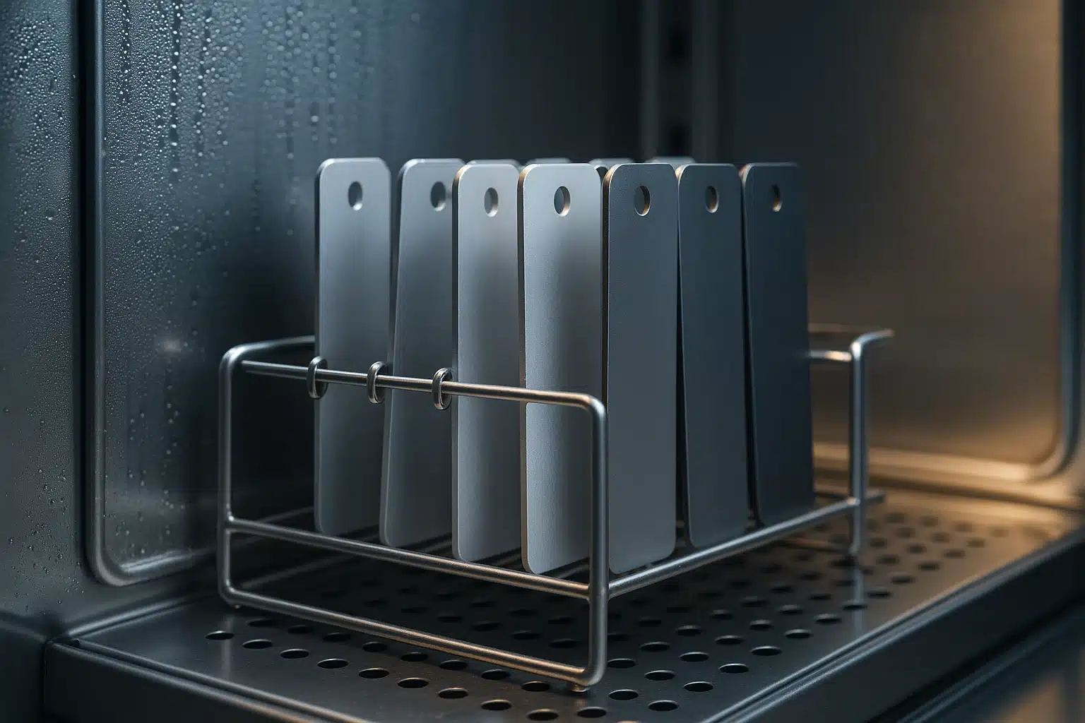 Éprouvettes en alliage d'aluminium anodisé maintenues dans un râtelier inox à l'intérieur d'une enceinte climatique
