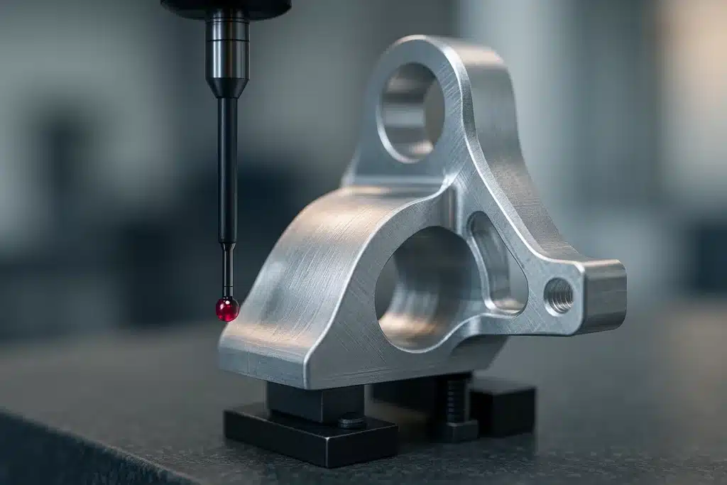 Palpeur d'une machine à mesurer tridimensionnelle contrôlant une pièce aéronautique usinée bridée sur un marbre de métrologie