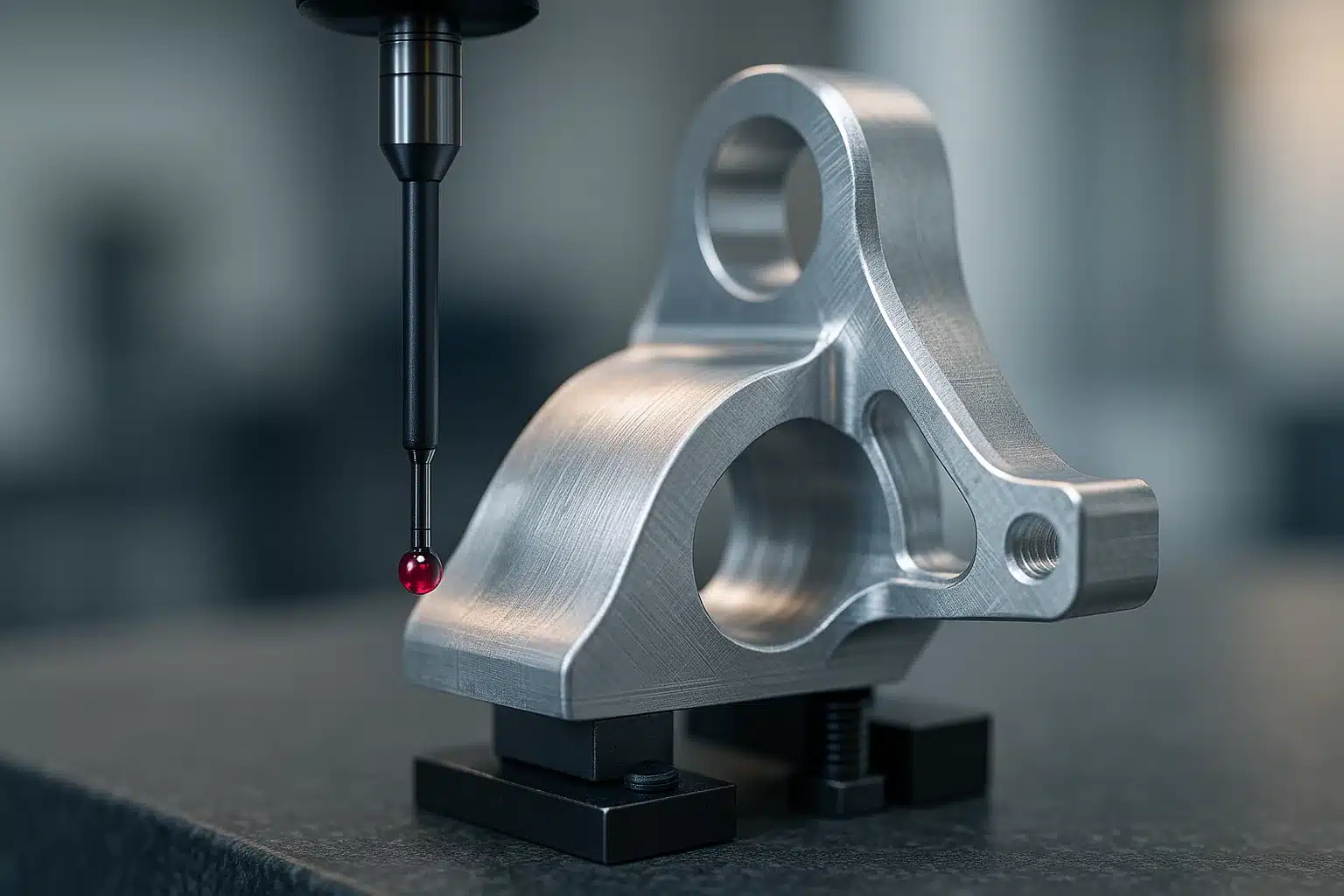 Palpeur d'une machine à mesurer tridimensionnelle contrôlant une pièce aéronautique usinée bridée sur un marbre de métrologie
