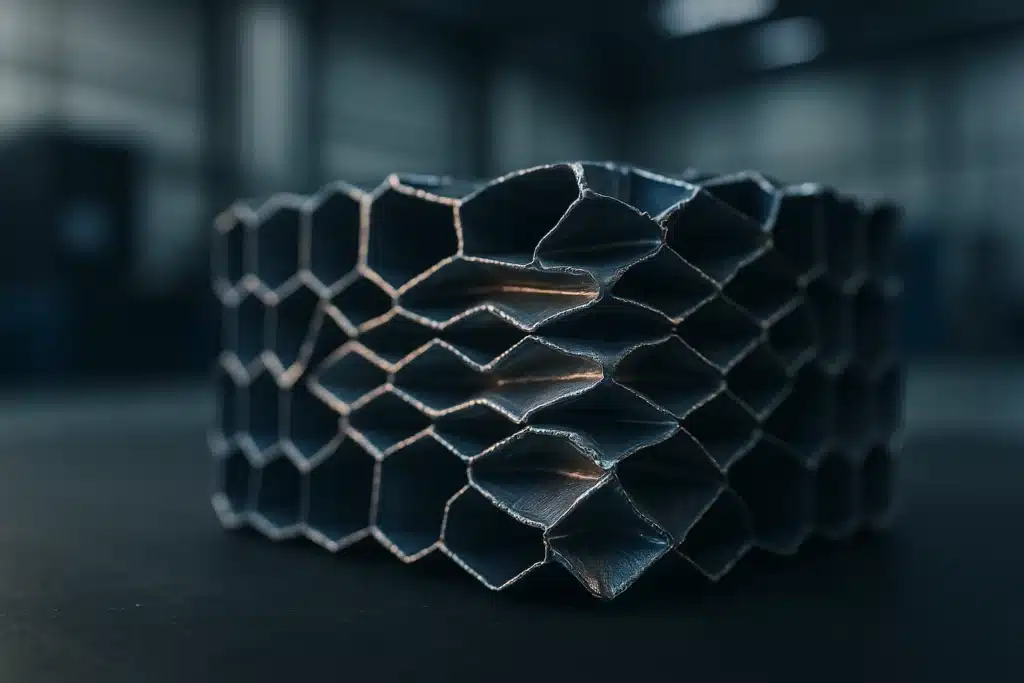 Absorbeur d'énergie en nid d'abeilles aluminium écrasé, montrant le repliement progressif des parois de cellules après impact