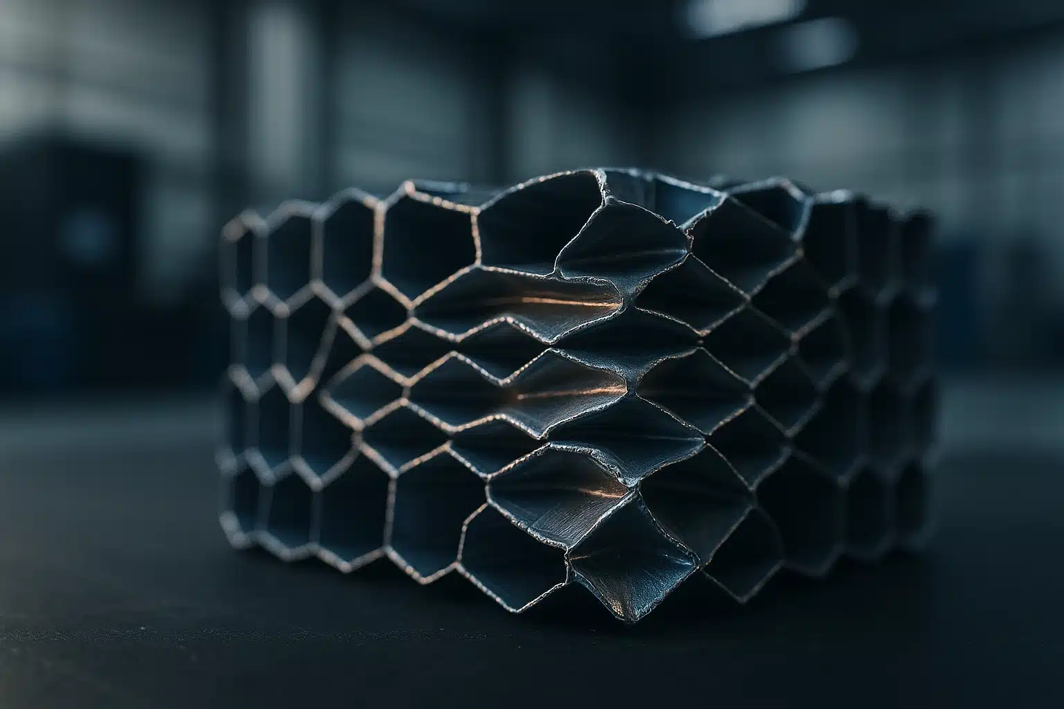 Absorbeur d'énergie en nid d'abeilles aluminium écrasé, montrant le repliement progressif des parois de cellules après impact