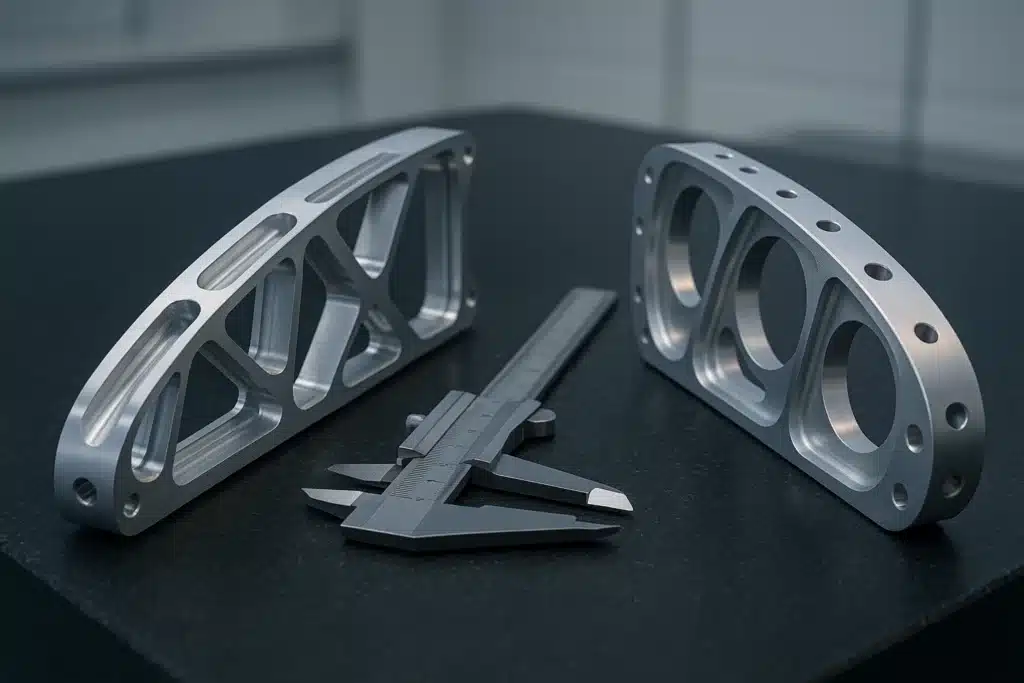 Deux nervures structurales aéronautiques usinées en aluminium posées côte à côte sur un marbre de métrologie