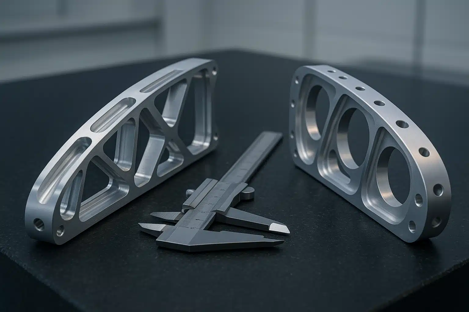 Deux nervures structurales aéronautiques usinées en aluminium posées côte à côte sur un marbre de métrologie