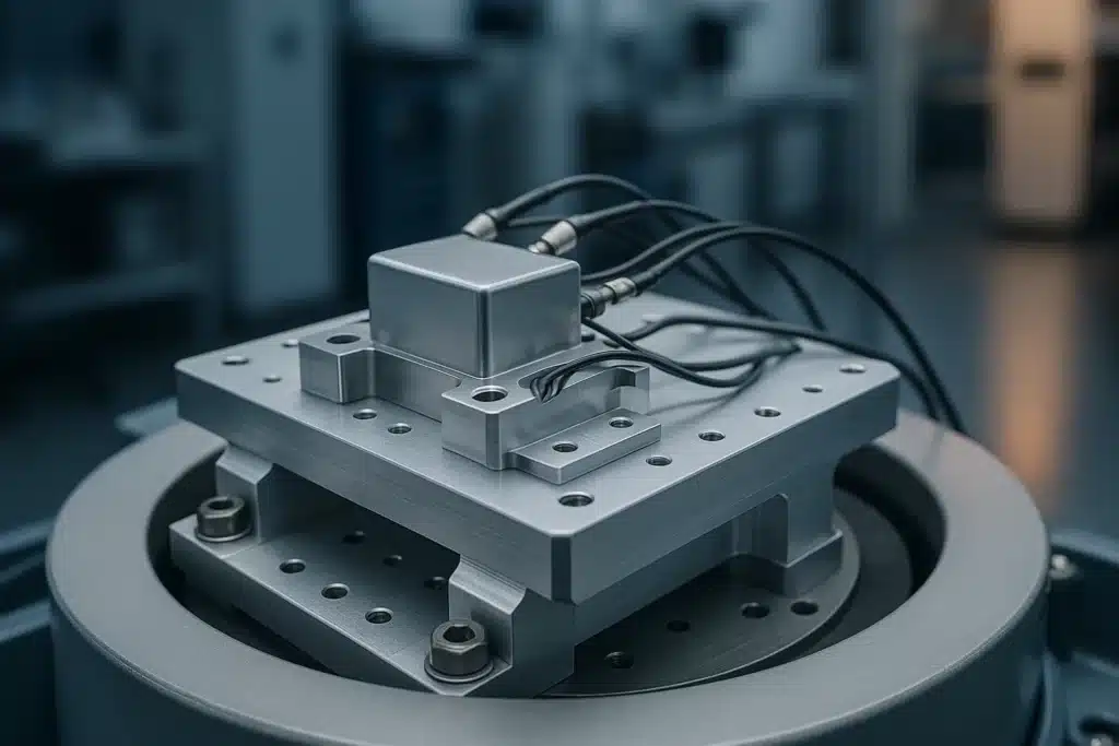 Outillage d'interface en aluminium fixé sur un pot vibrant électrodynamique, avec un boîtier d'équipement et ses accéléromètres, en laboratoire d'essais
