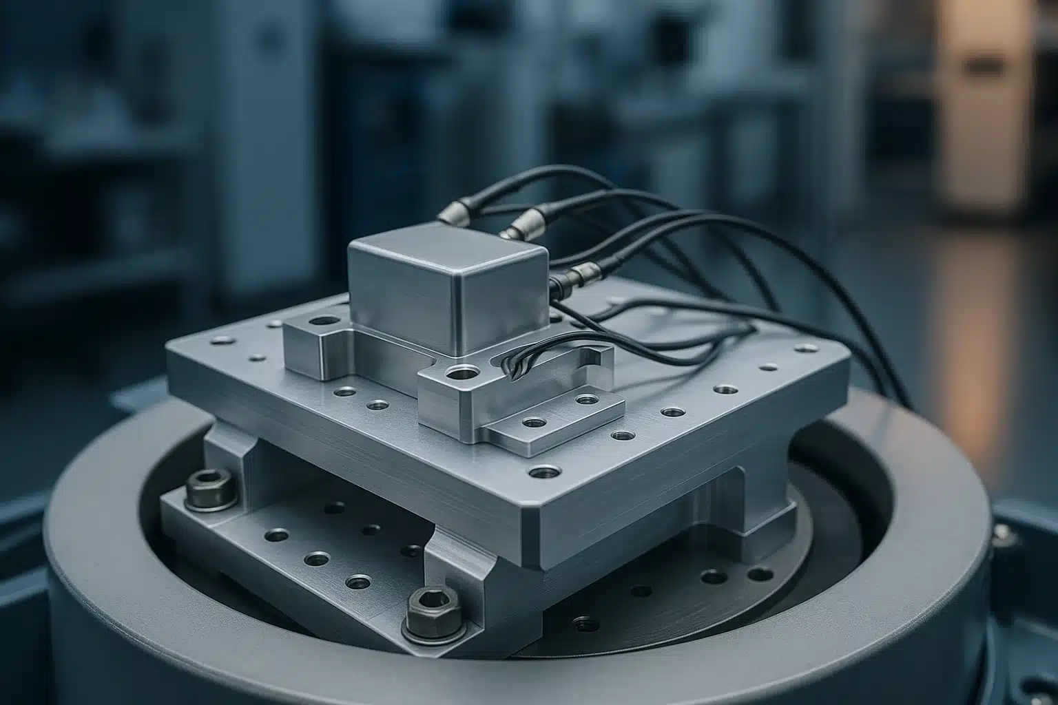 Outillage d'interface en aluminium fixé sur un pot vibrant électrodynamique, avec un boîtier d'équipement et ses accéléromètres, en laboratoire d'essais