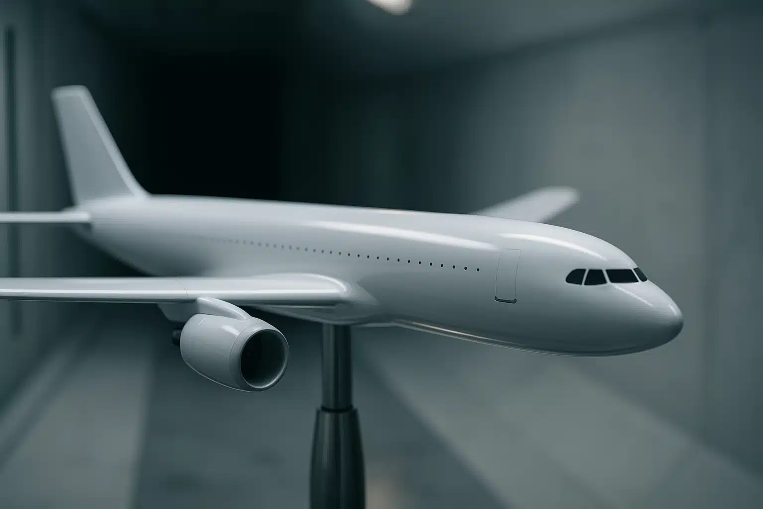Maquette d'aile d'avion montée sur dard dans la veine d'une soufflerie, avec ses prises de pression pariétales
