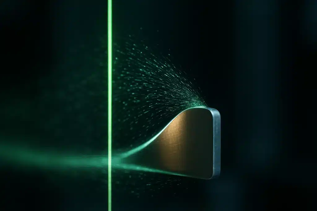 Nappe laser éclairant des particules traceuses autour d'un profil d'aile dans une veine d'essai, mesure de vélocimétrie par images de particules
