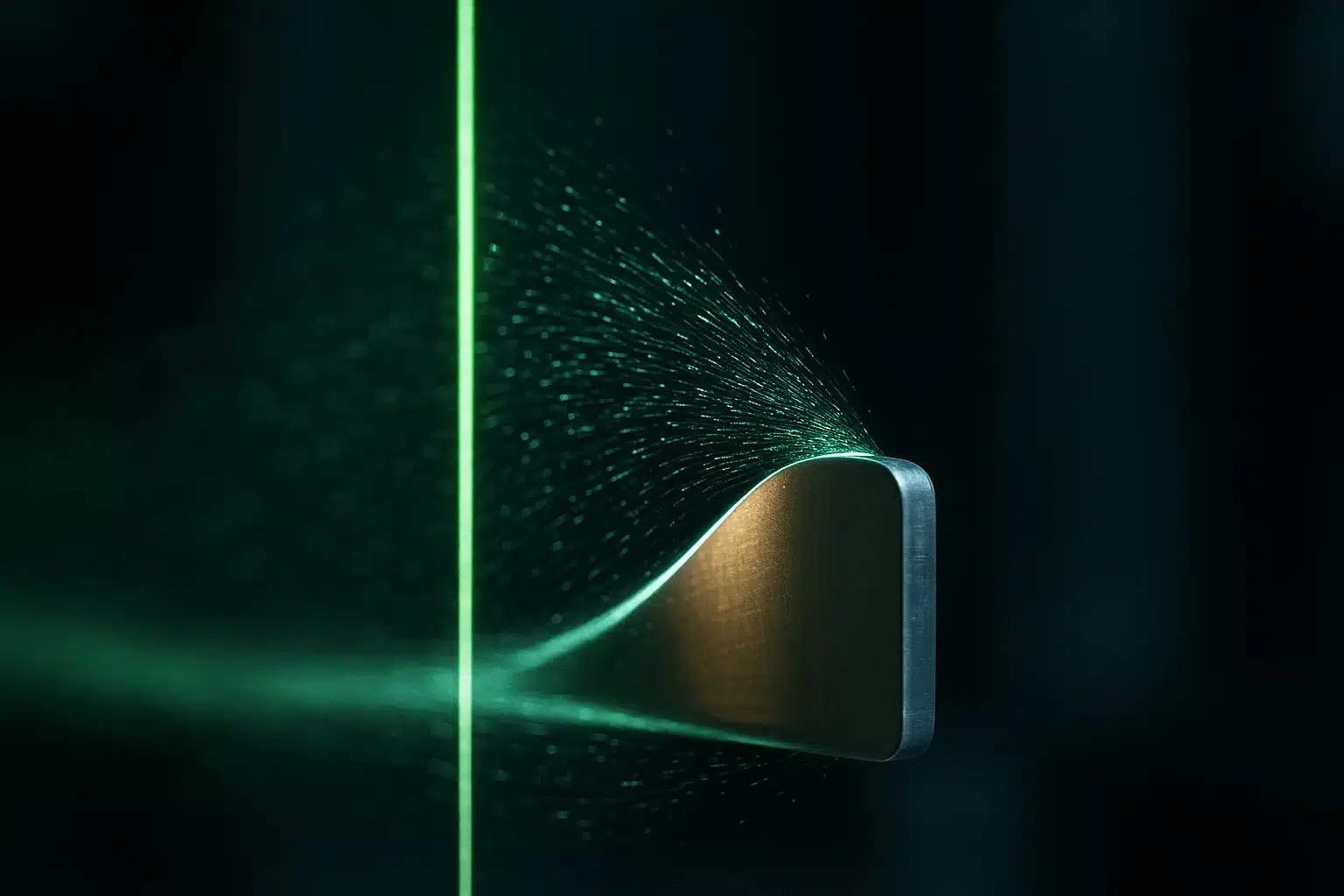Nappe laser éclairant des particules traceuses autour d'un profil d'aile dans une veine d'essai, mesure de vélocimétrie par images de particules