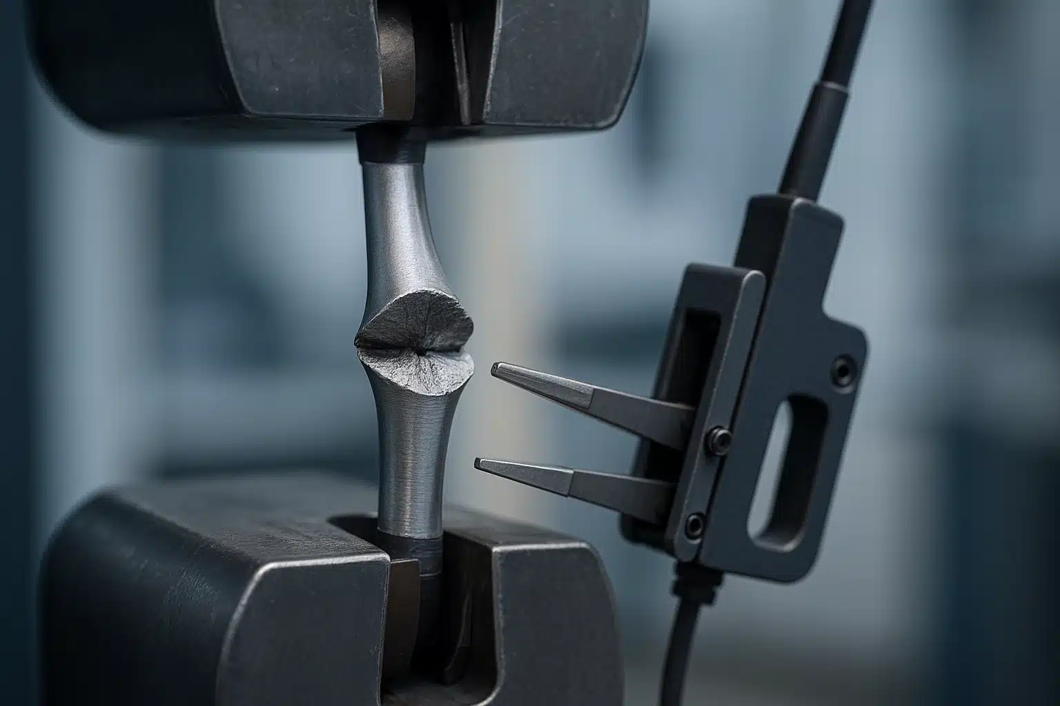 Éprouvette de traction métallique rompue, encore serrée dans les mors d'une machine d'essai, avec un extensomètre posé à côté