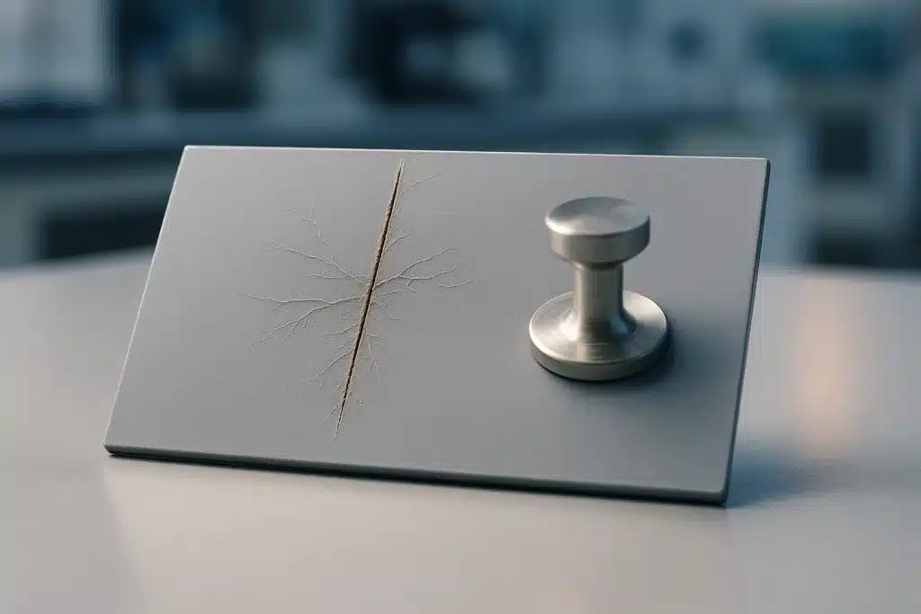 Panneau d'aluminium peint avec une rayure d'essai, filaments de corrosion filiforme et plot d'arrachement collé, sur une paillasse de laboratoire