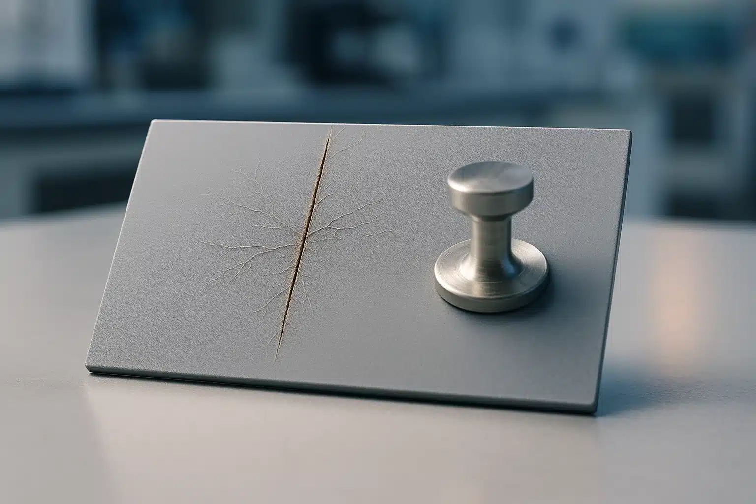 Panneau d'aluminium peint avec une rayure d'essai, filaments de corrosion filiforme et plot d'arrachement collé, sur une paillasse de laboratoire