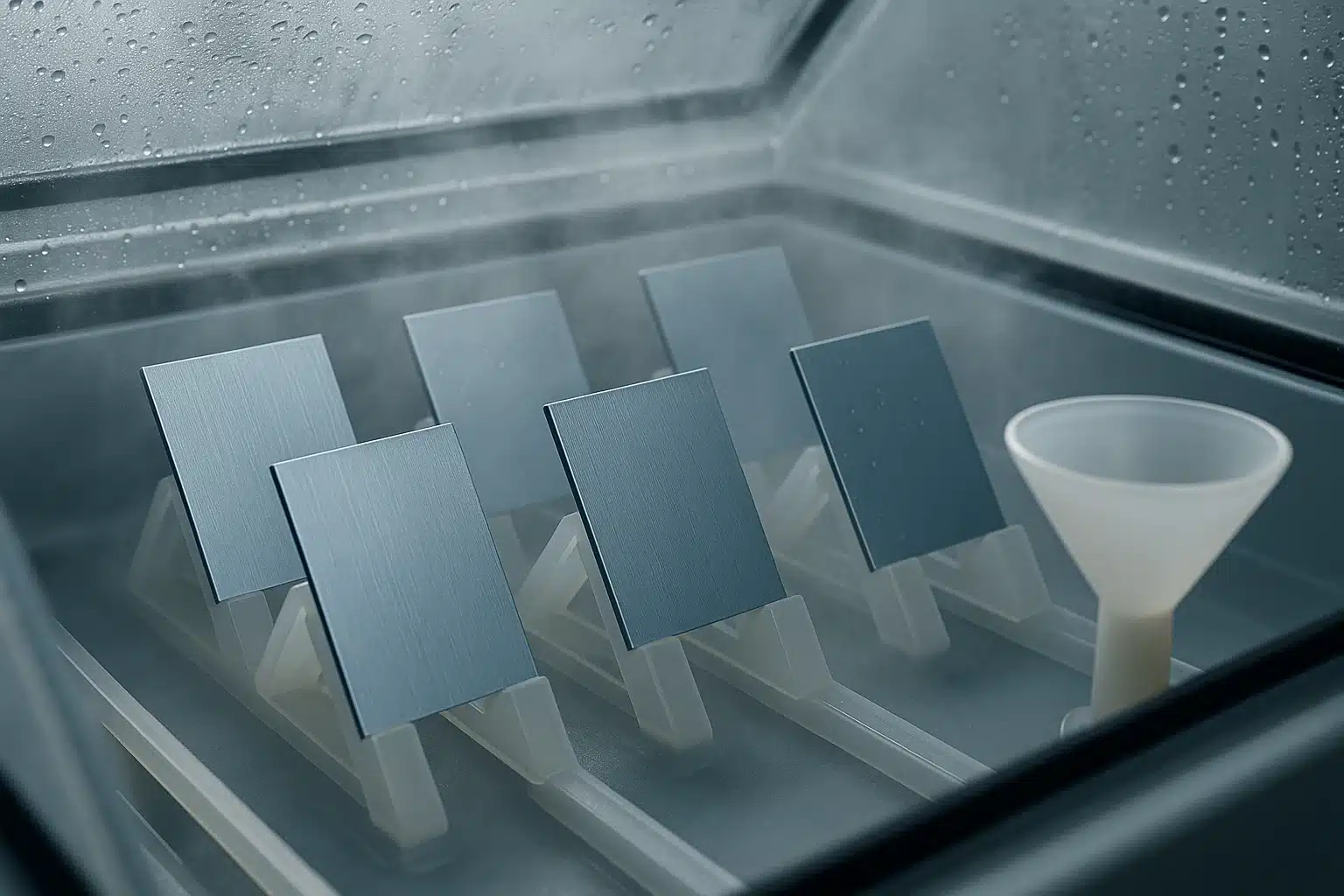 Éprouvettes en aluminium anodisé inclinées sur des supports dans une enceinte de brouillard salin, avec un collecteur de brouillard au premier plan