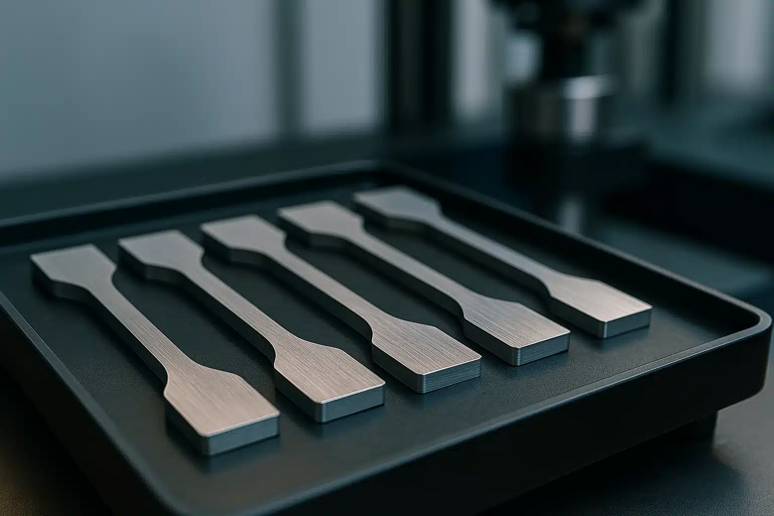 Rangée d'éprouvettes de traction plates fraîchement usinées, posées sur un plateau en aluminium dans un laboratoire d'essais de matériaux
